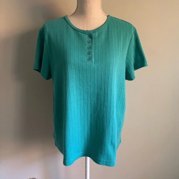 Short Sleeve Textured Henley Shirt Blue Green - Picture 1 of 7